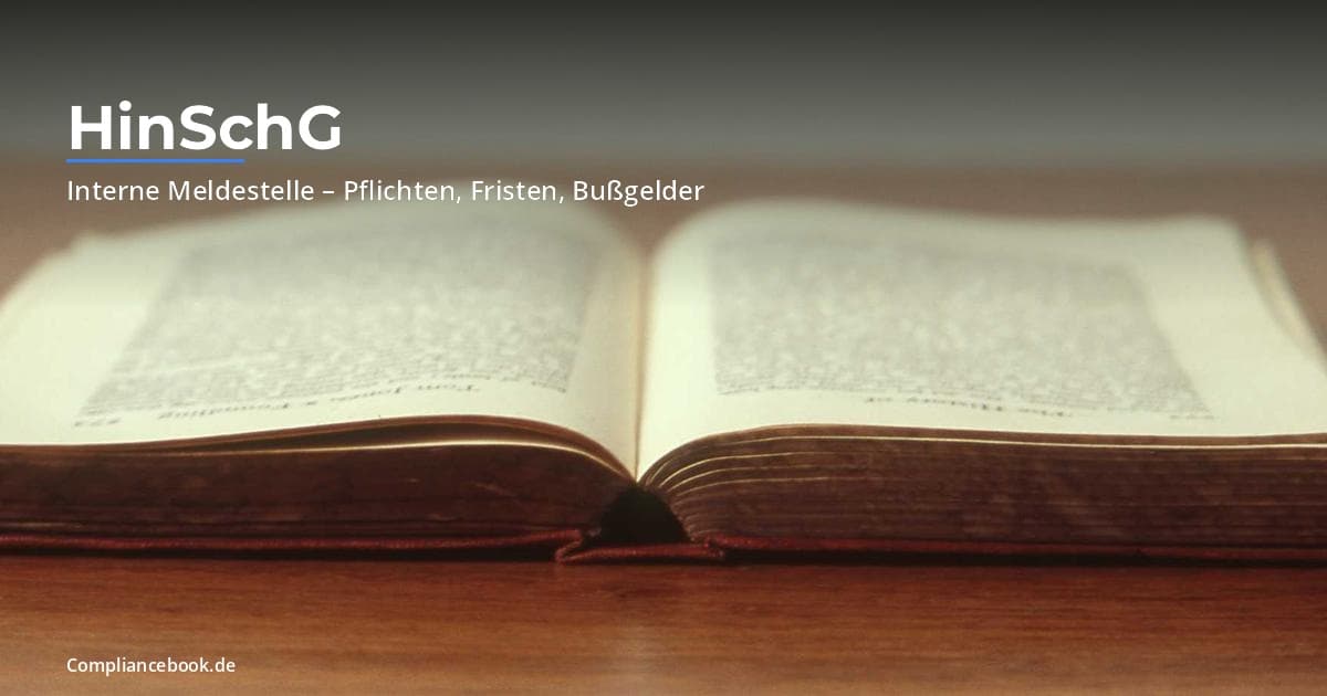 Textoverlay HinSchG auf einem Bild mit Gesetzbuch - Symbolbild fuer das Hinweisgeberschutzgesetz